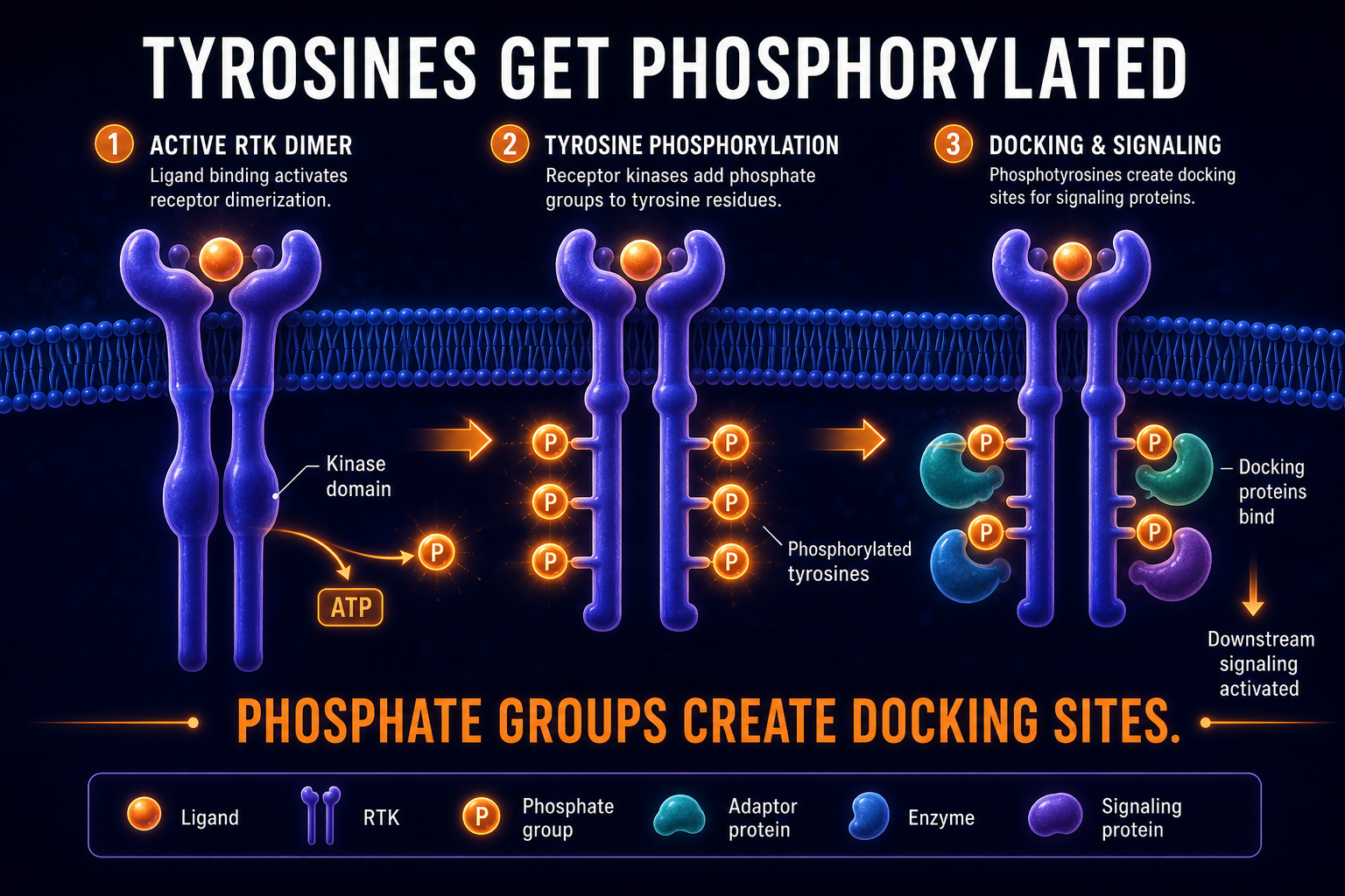 AP Biology tyrosine phosphorylation infographic showing phosphate groups added to receptor tyrosines to create docking sites