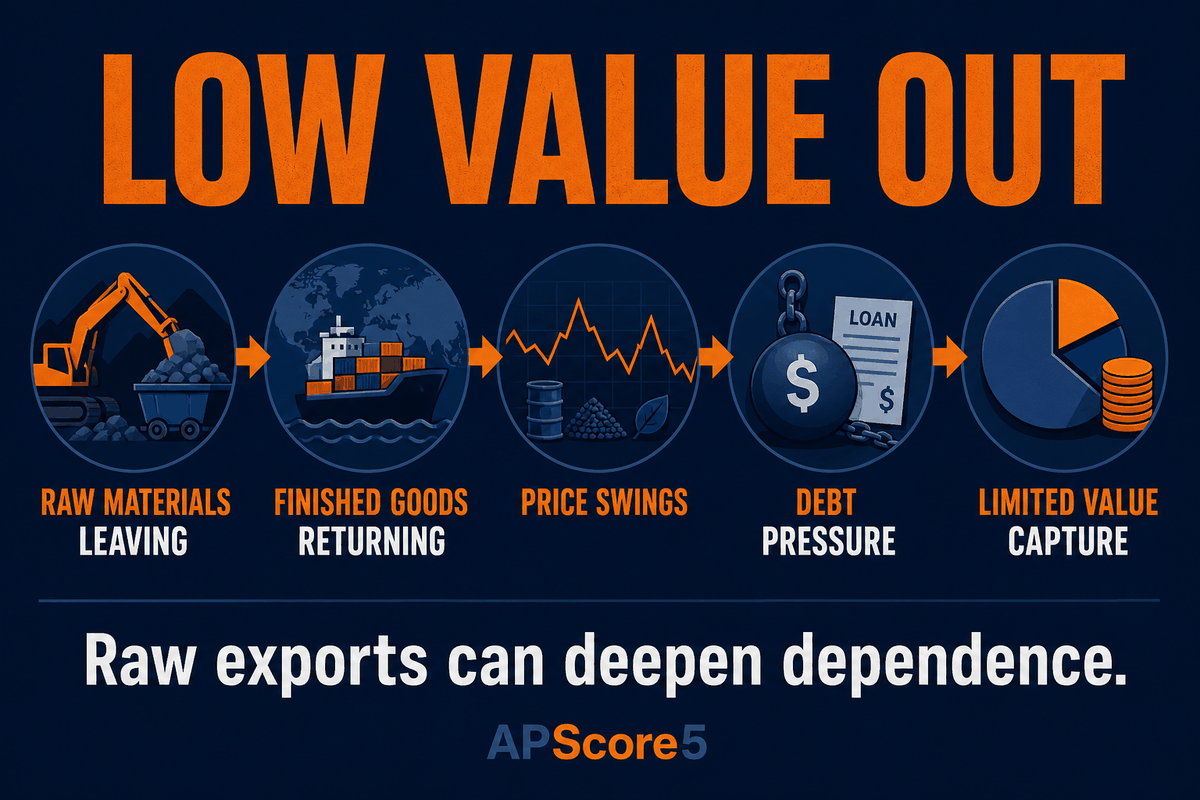 AP Human Geography unequal exchange and commodity dependence infographic showing raw material exports, manufactured imports, price vulnerability, and limited value capture.