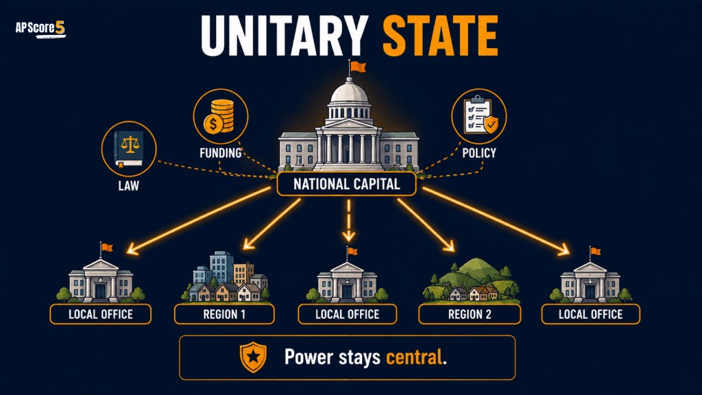Unitary state AP Human Geography image showing political power concentrated in the central government
