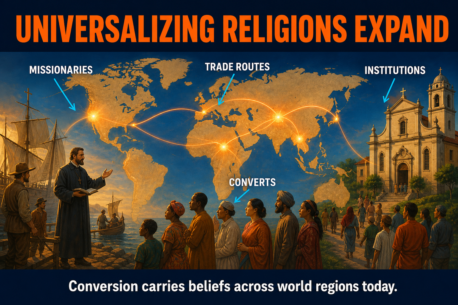 Universalizing Religion Diffusion AP Human Geography AP Human Geography universalizing religion diffusion visual showing missionaries trade routes institutions and converts spreading from hearths