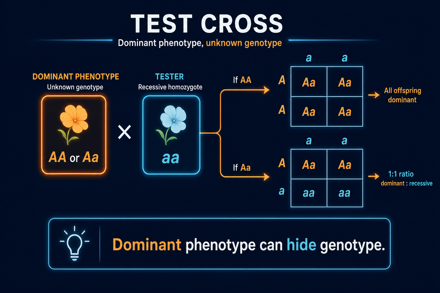 AP Biology test cross diagram showing dominant phenotype with unknown genotype AA or Aa