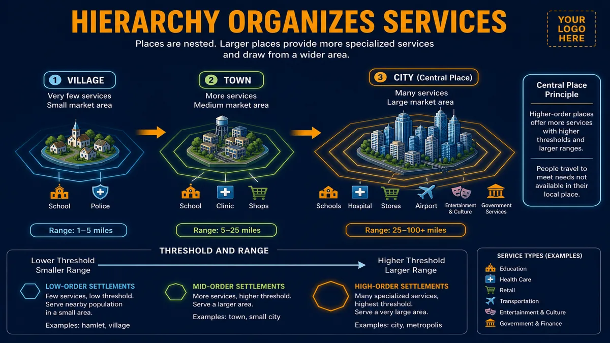 AP Human Geography urban hierarchy and Central Place Theory infographic showing nested settlements, market areas, range, threshold, and larger centers with higher-order services.