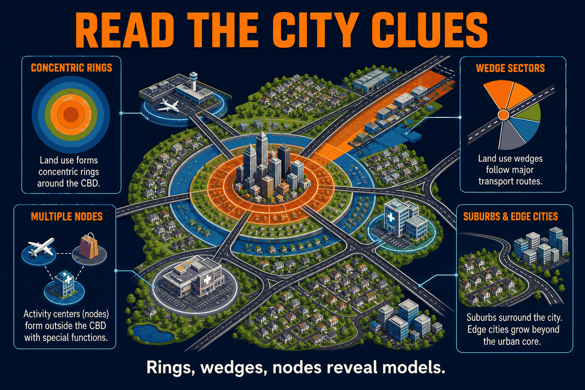 AP Human Geography urban model clues infographic showing rings, wedges, nodes, highways, suburbs, CBD, industry, and edge cities.