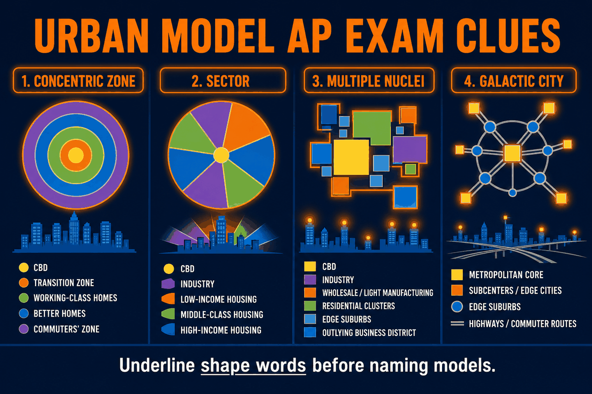 AP Human Geography urban land use model exam clues infographic showing how rings, wedges, nodes, highways, CBDs, suburbs, and edge cities identify models.