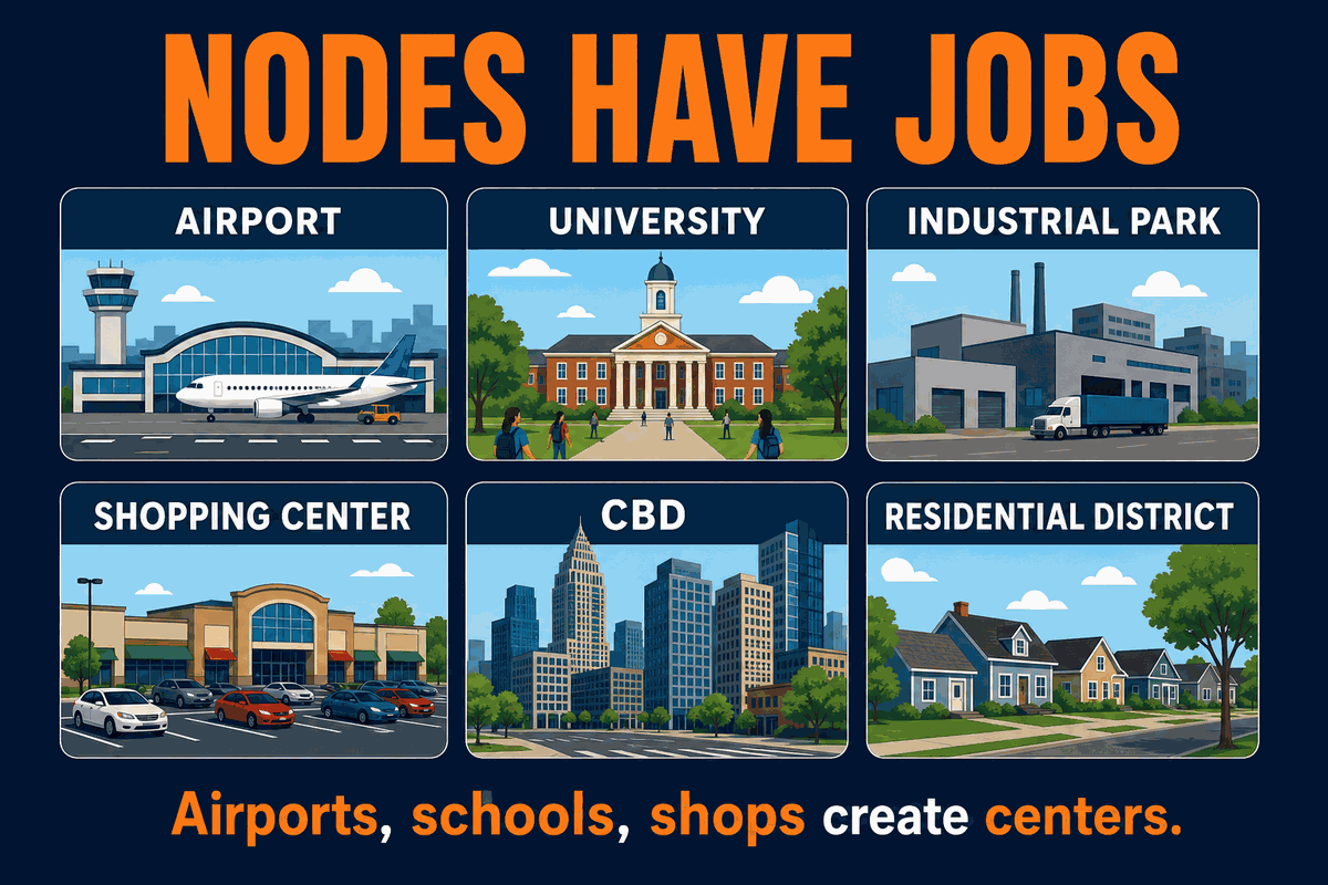 AP Human Geography urban node types infographic showing airport, university, industrial park, shopping center, CBD, and residential nodes in the multiple nuclei model.
