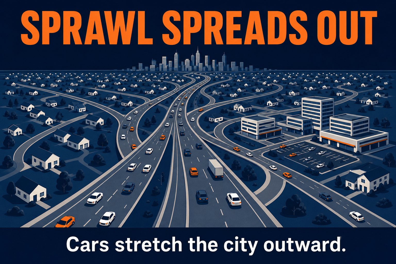 Urban sprawl AP Human Geography graphic showing highways, suburbs, edge cities, and low-density outward growth.