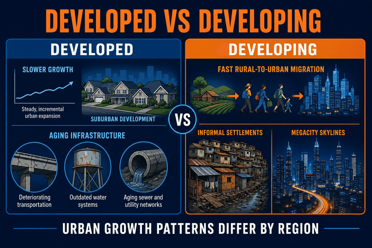 AP Human Geography urbanization infographic comparing developed and developing country urban growth patterns, suburbs, and informal settlements.