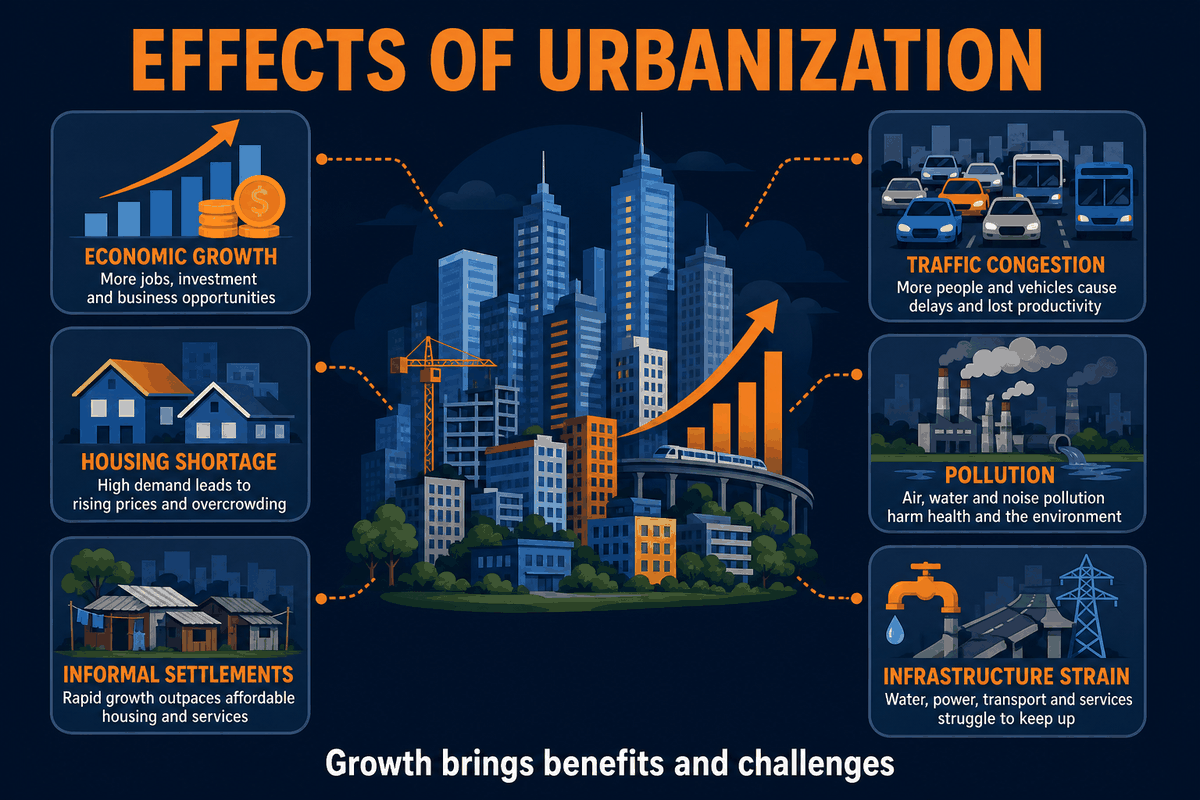 AP Human Geography urbanization effects infographic showing benefits such as jobs and services alongside problems such as congestion, pollution, and informal settlements.