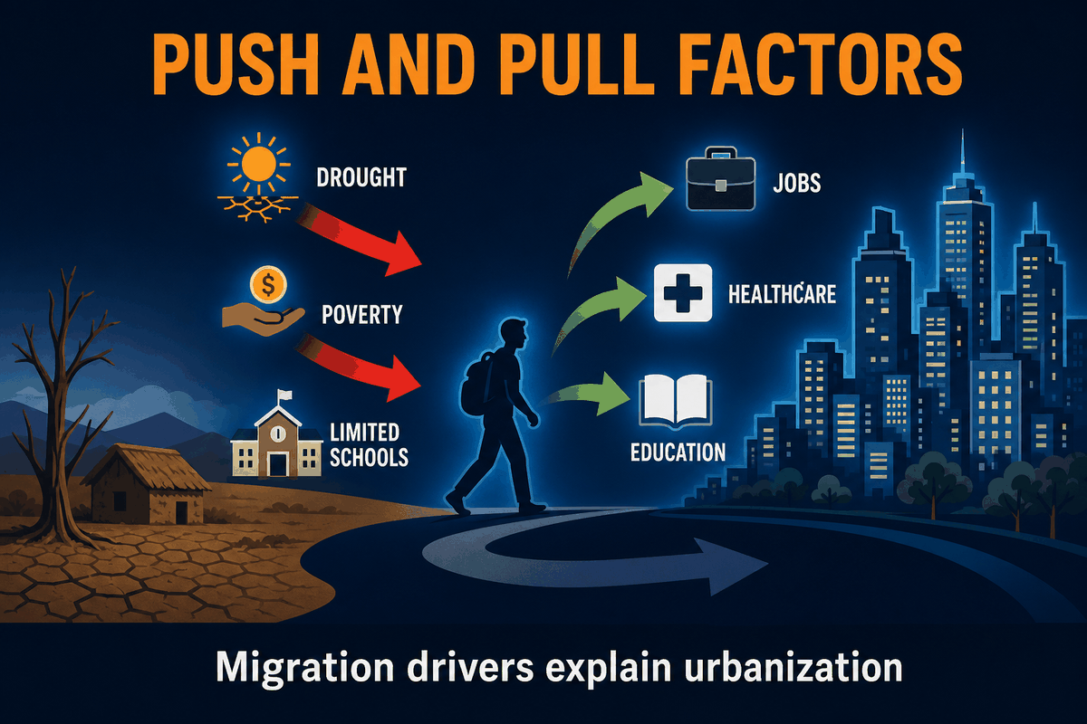 AP Human Geography urbanization push and pull factors infographic showing rural push factors and urban pull factors driving migration to cities.