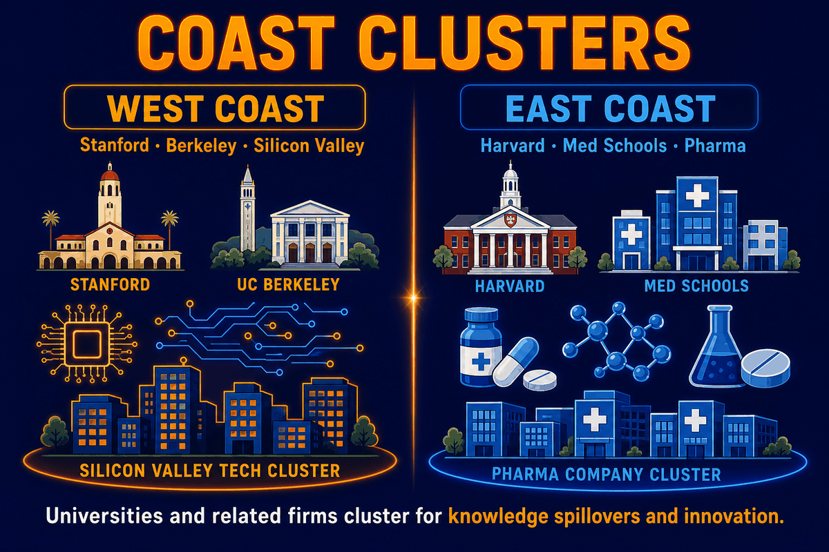 US coast agglomeration clusters showing Silicon Valley tech firms near Stanford and UC Berkeley and East Coast pharma firms near Harvard and medical colleges.