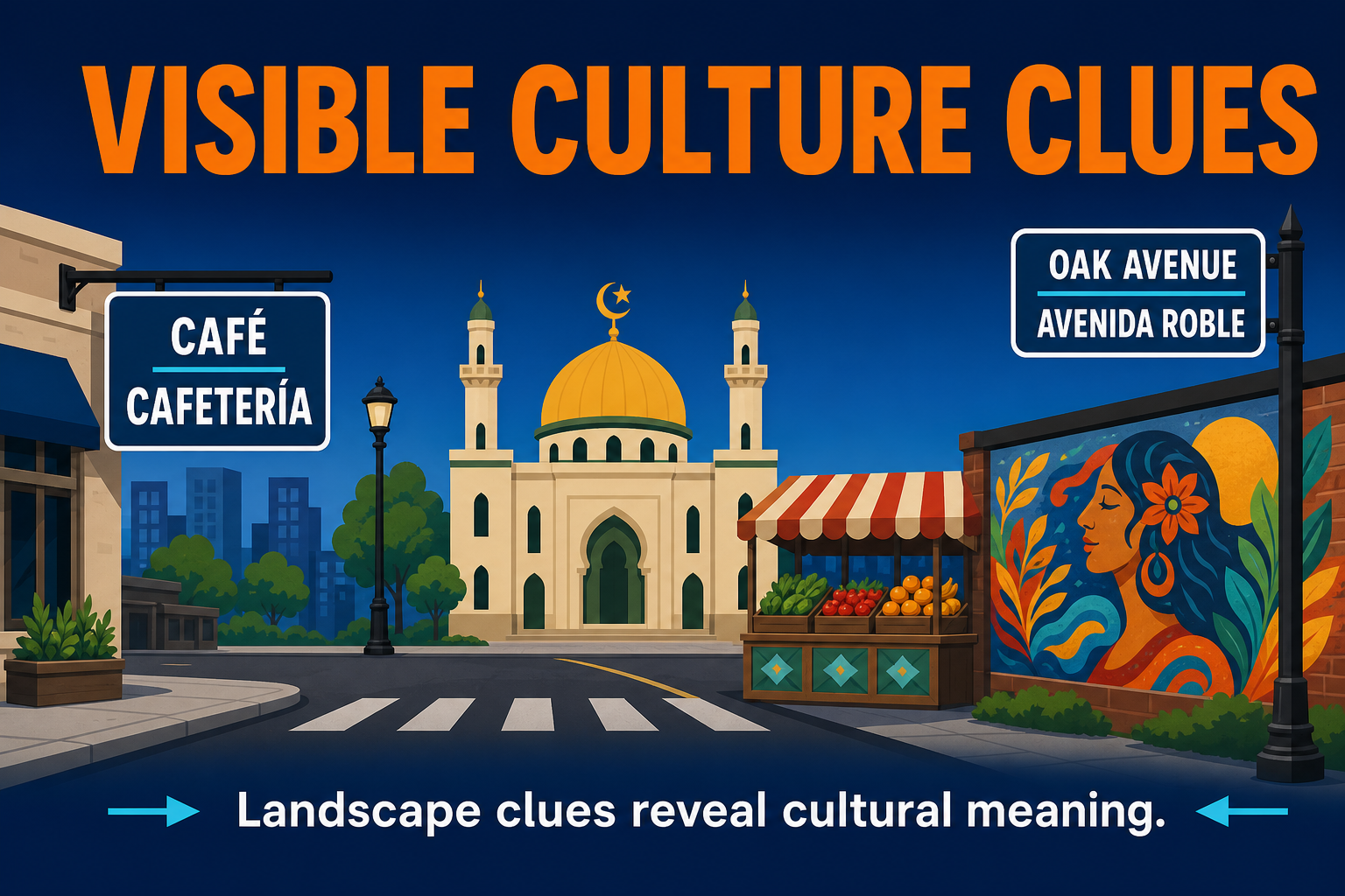 Visible Culture Clues in Cultural Landscapes AP Human Geography cultural landscape visual showing visible culture clues like signs, sacred buildings, food markets, murals, and place names
