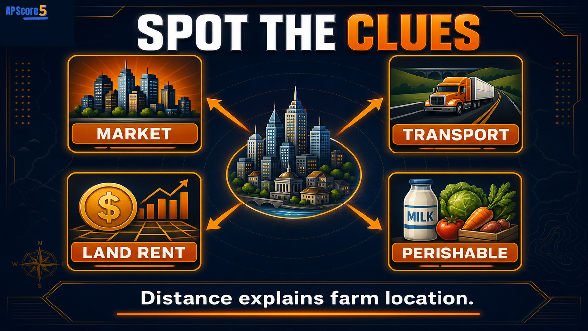 AP Human Geography Von Thünen Model exam clues showing market distance, transport cost, land rent, and perishability