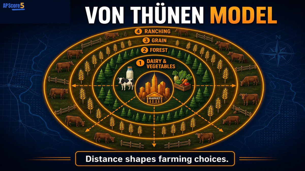 Von Thünen Model AP Human Geography infographic showing a central market with dairy, forest, grain, and ranching rings