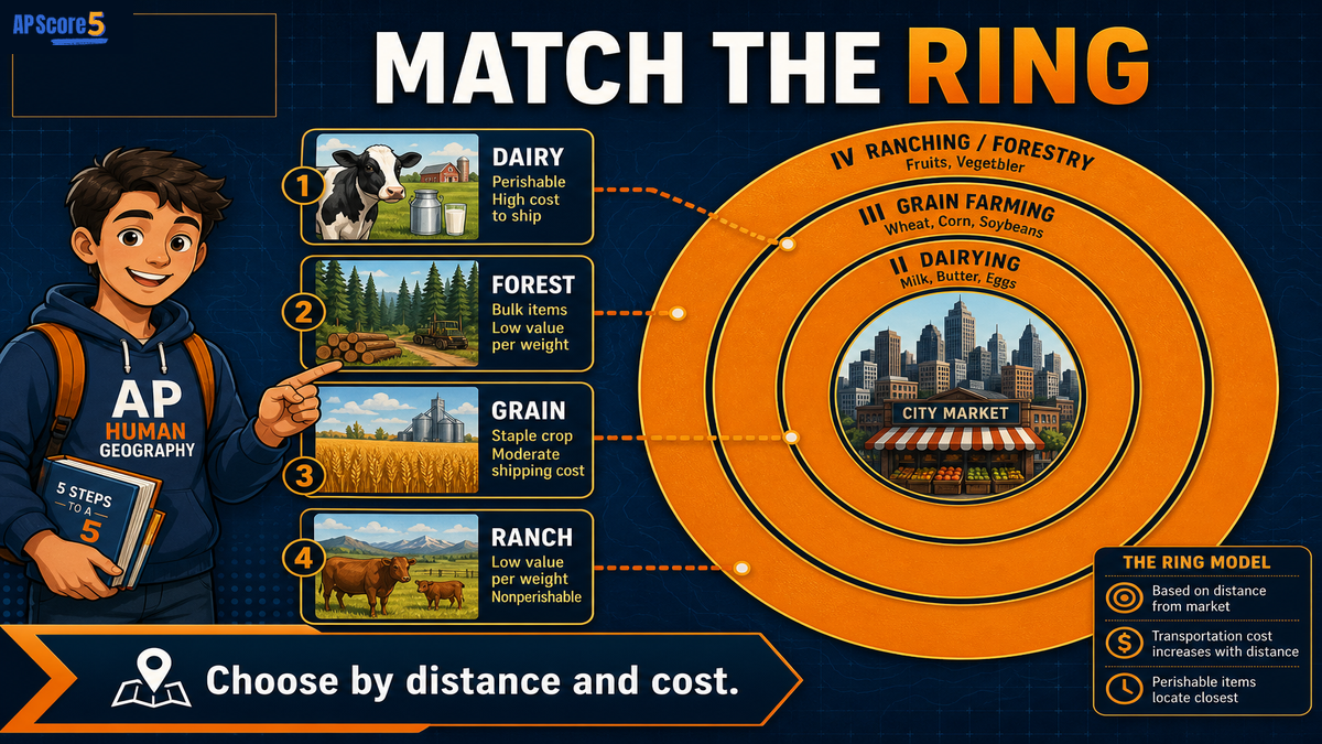 AP Human Geography practice image showing students matching farm types to Von Thünen distance rings