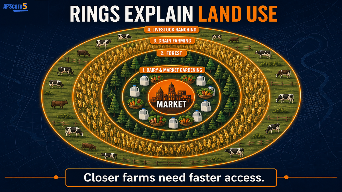 Von Thünen rings explained with dairy, forest, grain farming, and livestock ranching around a central market