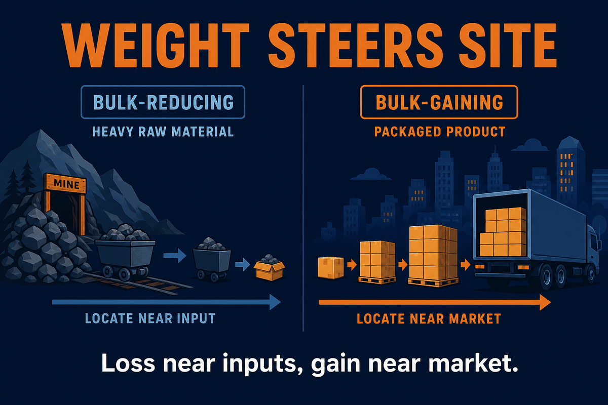 AP Human Geography Weber bulk weight logic infographic showing bulk-reducing near raw materials and bulk-gaining near markets.