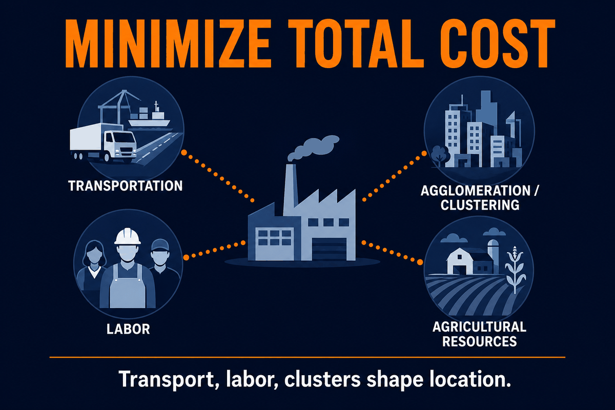 AP Human Geography Weber least cost factors infographic showing transportation costs, labor costs, and agglomeration as the three major factory location factors.