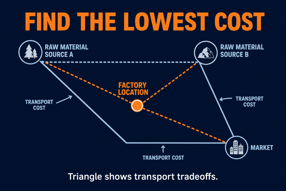 AP Human Geography Weber location triangle infographic showing raw material sources, market, transportation cost tradeoffs, and least-cost factory location.