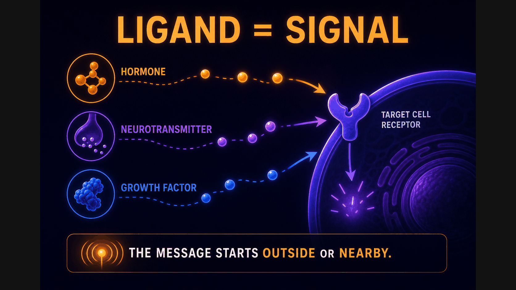 AP Biology ligand infographic showing a signaling molecule carrying information toward a target cell receptor