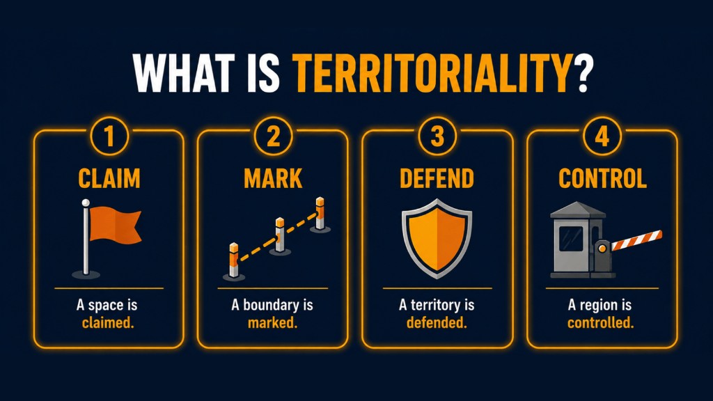 AP Human Geography territoriality infographic showing claim mark defend and control actions