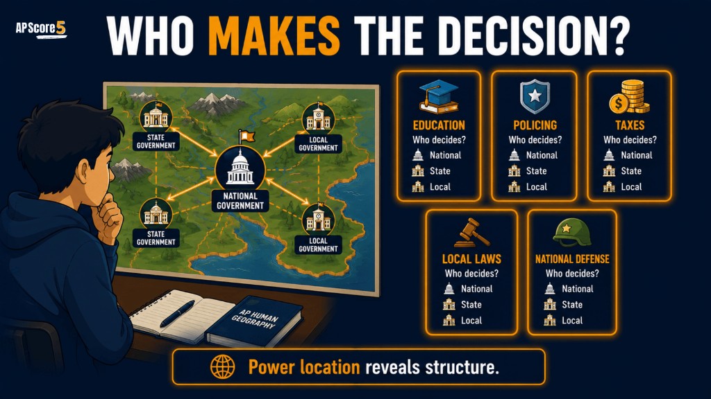 AP Human Geography image showing how to identify federal and unitary states by asking who makes political decisions