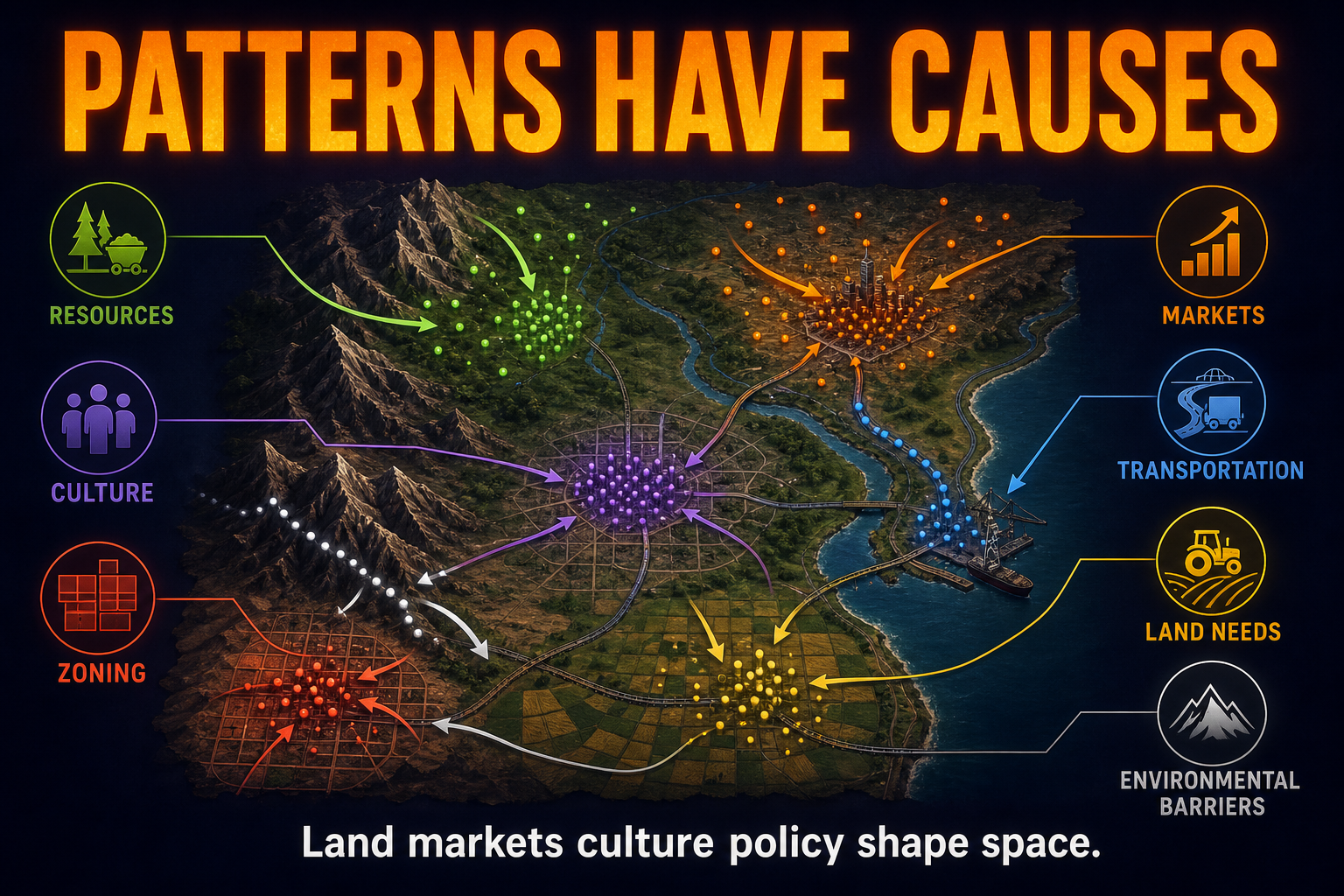Why Clustered and Dispersed Patterns Form Why clustered and dispersed patterns form in AP Human Geography showing land markets resources culture policy and environment shaping distribution