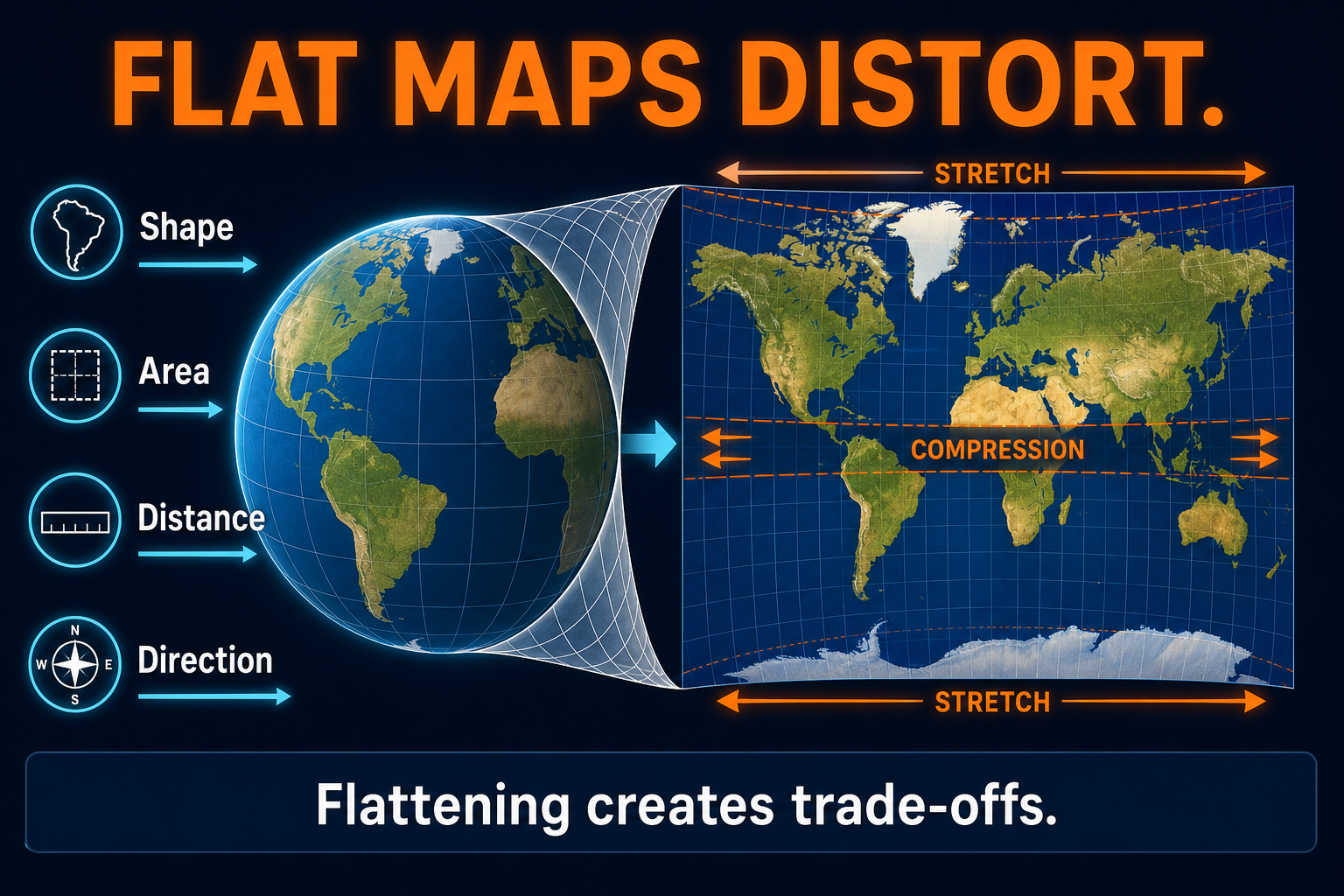 Why map projections distort Earth in AP Human Geography showing a globe flattened into a map with shape area distance and direction trade-offs