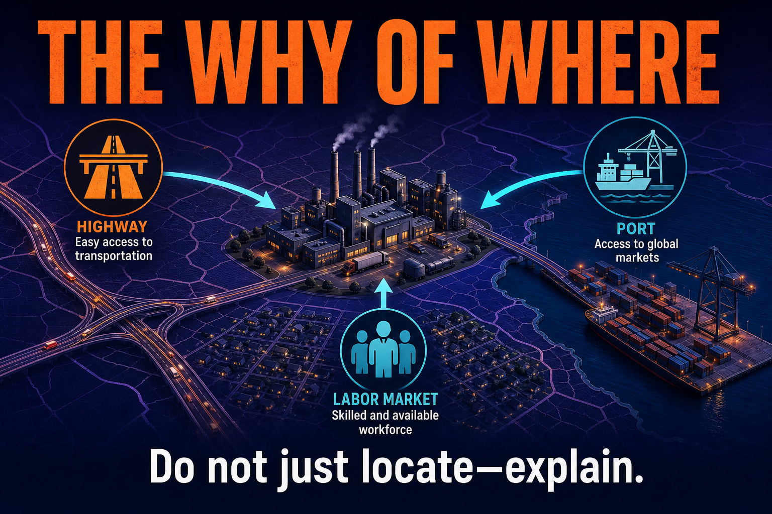 The why of where in AP Human Geography showing factories clustered near highways and ports