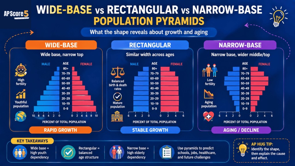Wide-Base, Rectangular, and Narrow-Base Population Pyramids โ Growth and Aging Wide vs narrow pyramid base