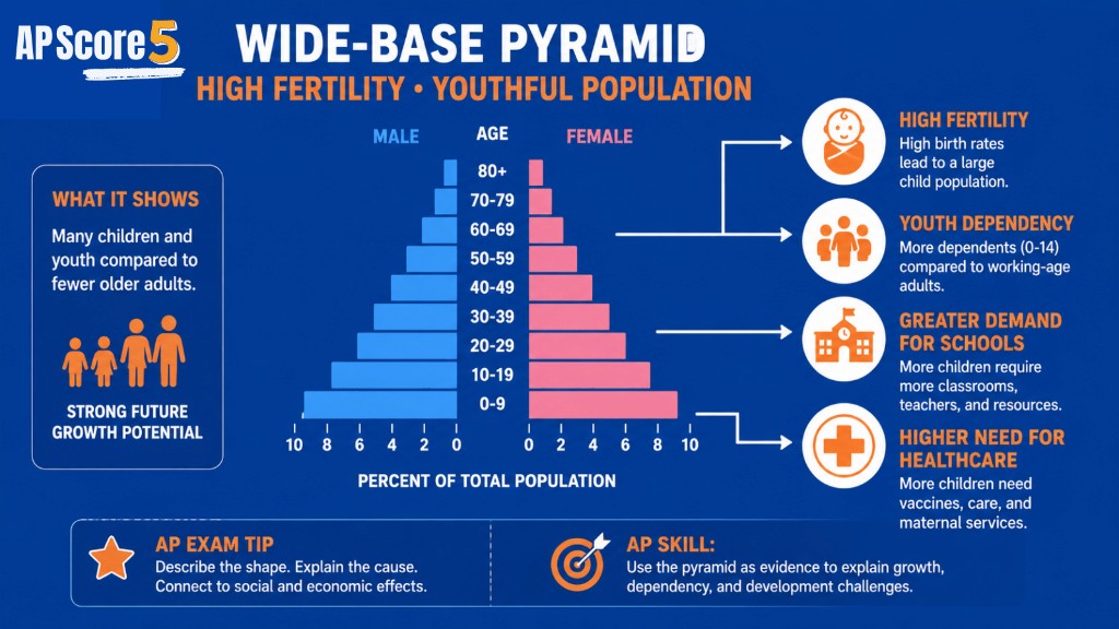 Wide-Base Population Pyramid — High Fertility AP Human Geography Wide base pyramid AP HUG