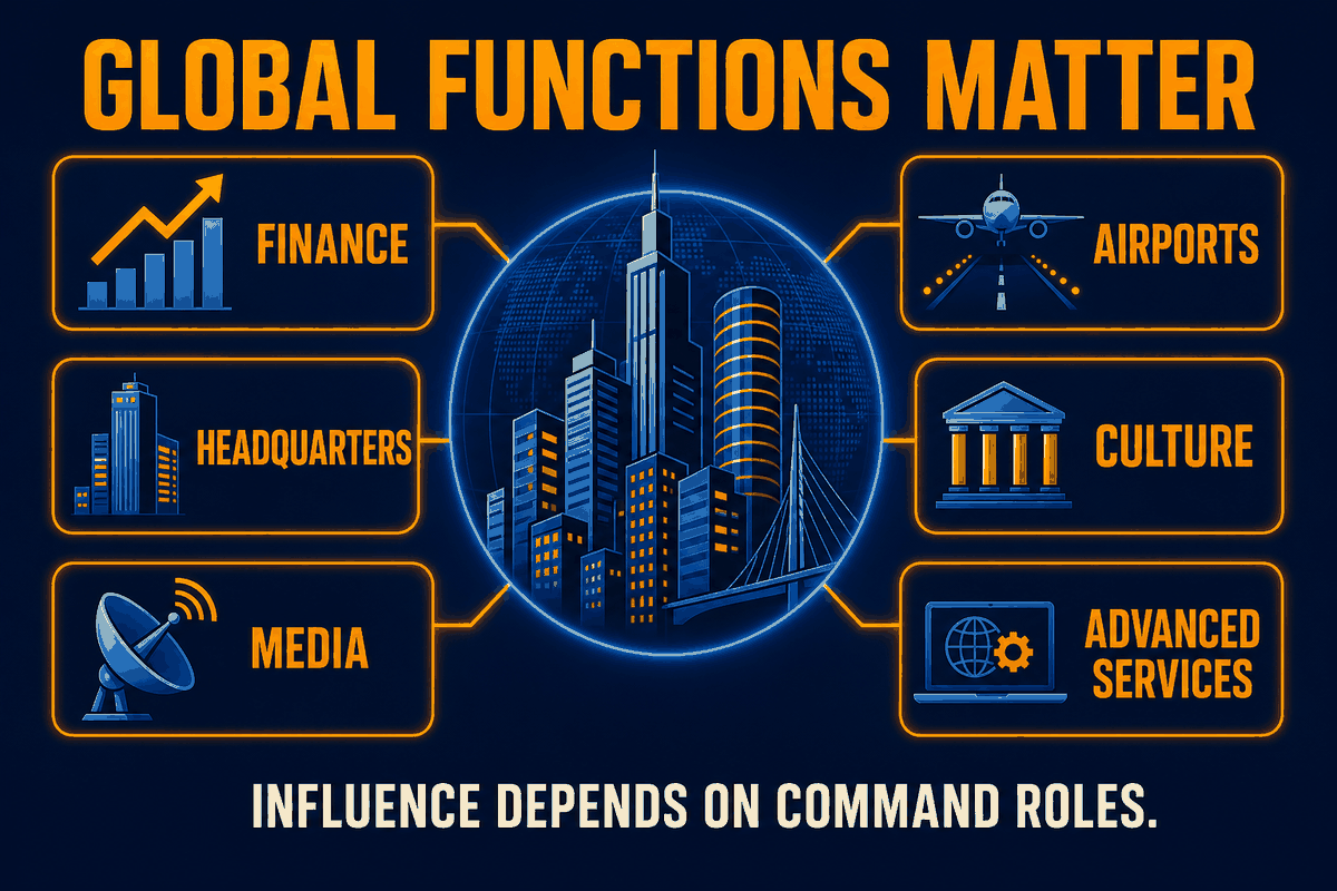AP Human Geography world city functions infographic showing finance, headquarters, media, transport, culture, and advanced services.