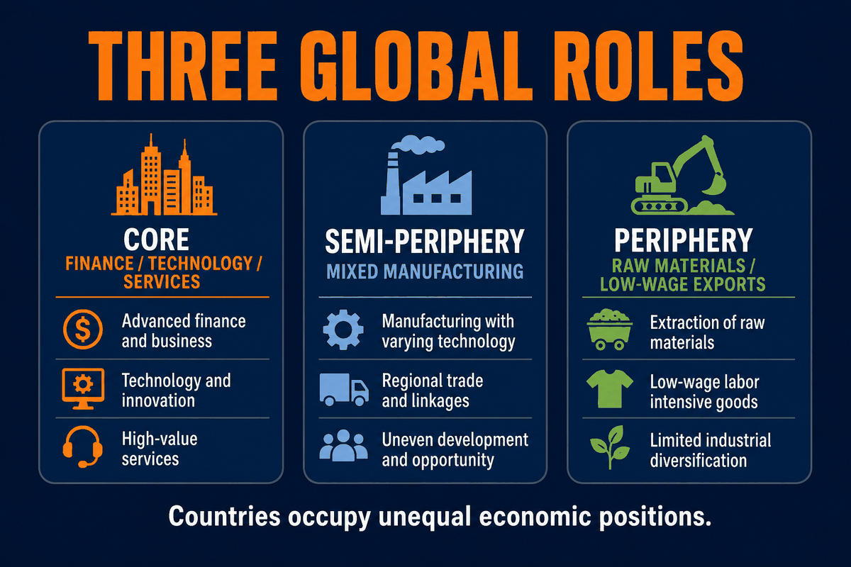 AP Human Geography world systems economic roles infographic comparing core, semi-periphery, and periphery roles in global trade and production.